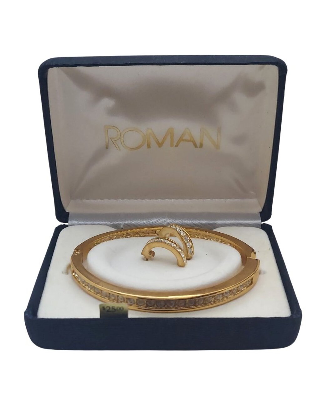 Roman Gold Tone Jewelry Set Hinged Cuff Bracelet Half Hoop Earrings Rhinestones
